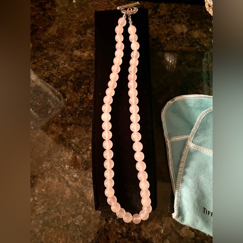 Tiffany & Co., vintage rose quartz bead necklace with silver toggle closure.